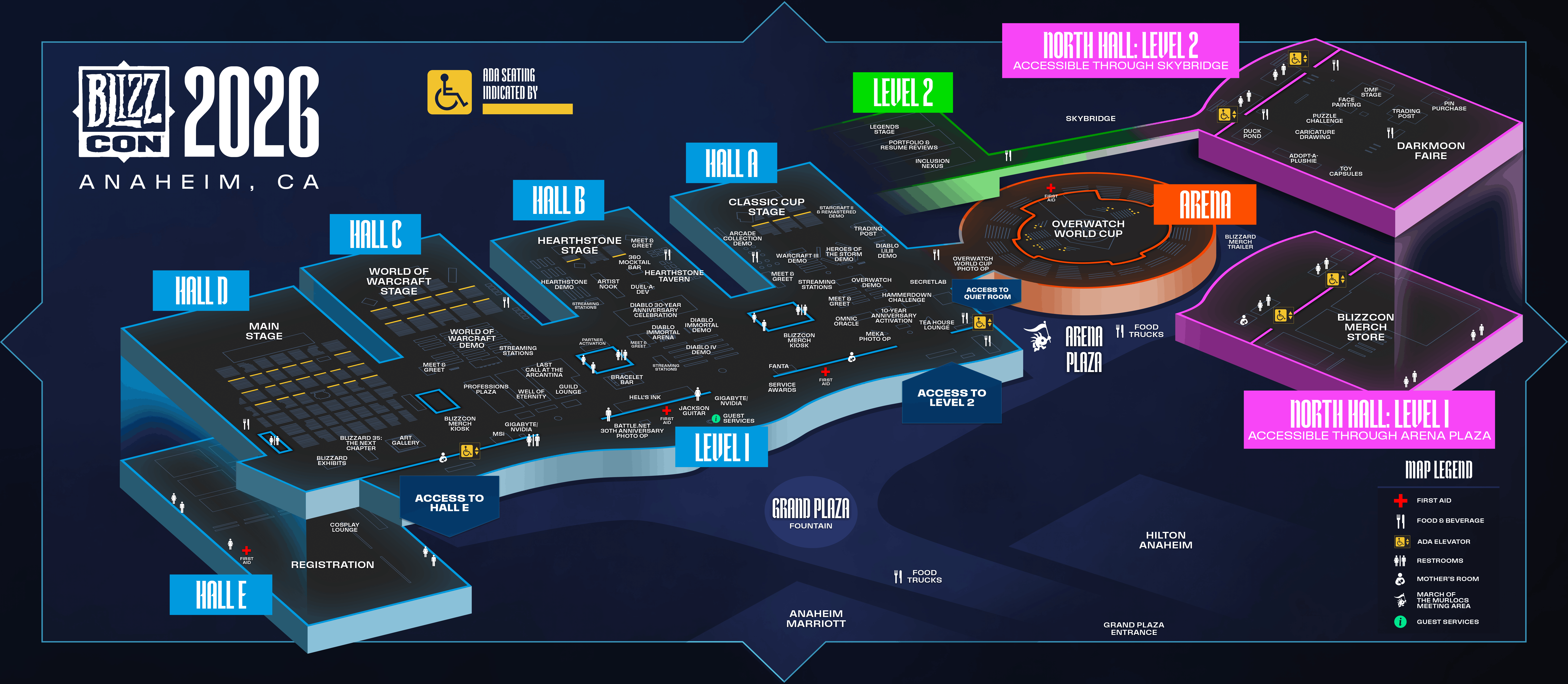 Floor map of the Anaheim Convention Center showing hall locations and activations across BlizzCon 2026.
