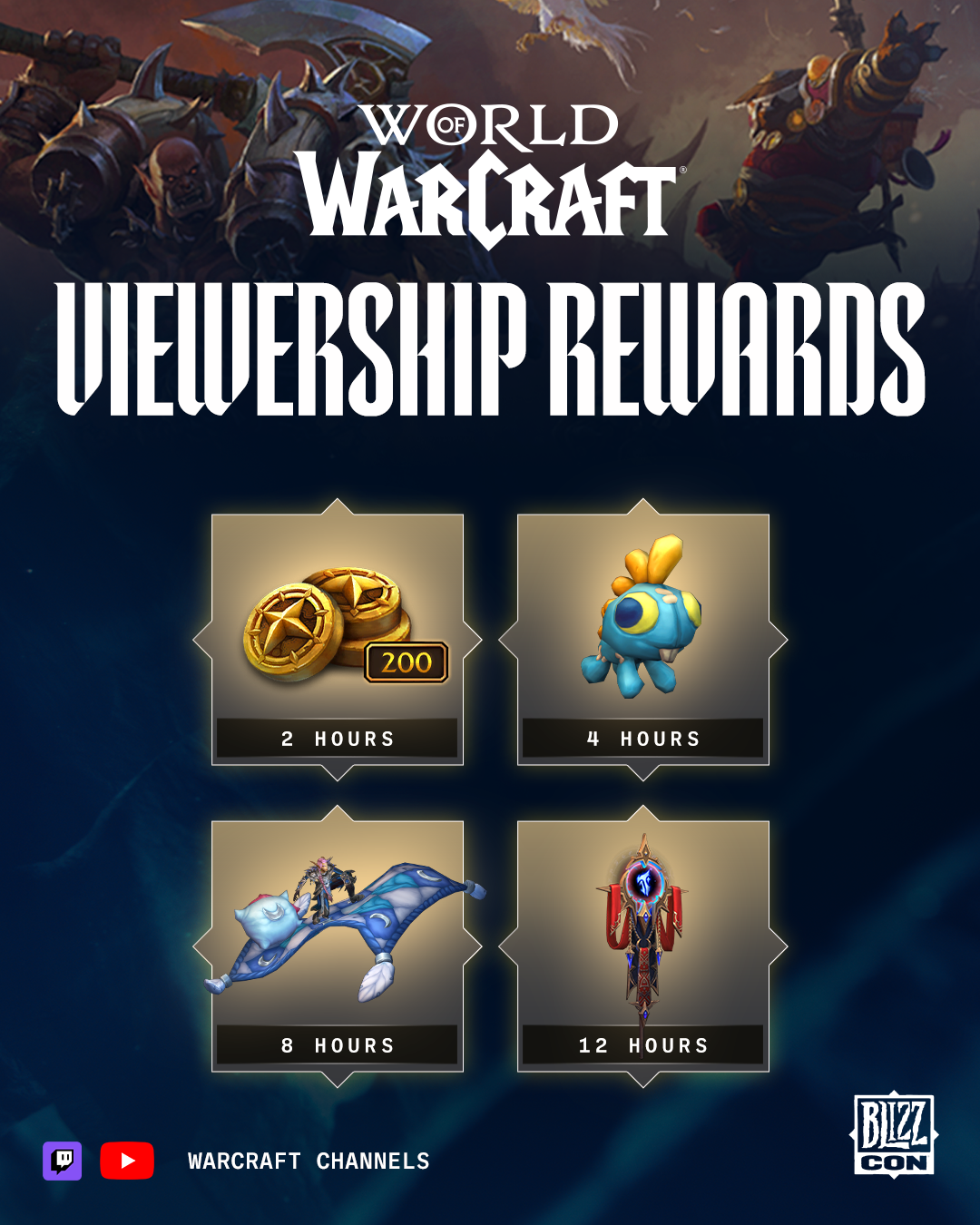 World of Warcraft viewership rewards: 200 Trader's Tender at two hours, Cuddly Blue Grrgle decor at four hours, Fluffy Comfy Flying Quilt mount at eight hours, and Venomous Champion's Illustrious Banner toy at twelve hours.