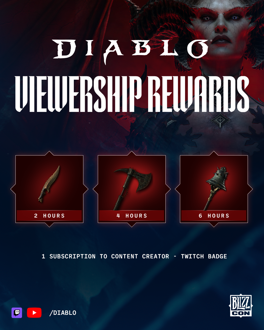 Diablo IV viewership rewards: Serrated Skean dagger at two hours, Corroded Cleaver axe at four hours, and Tintinnabulation mace at six hours.