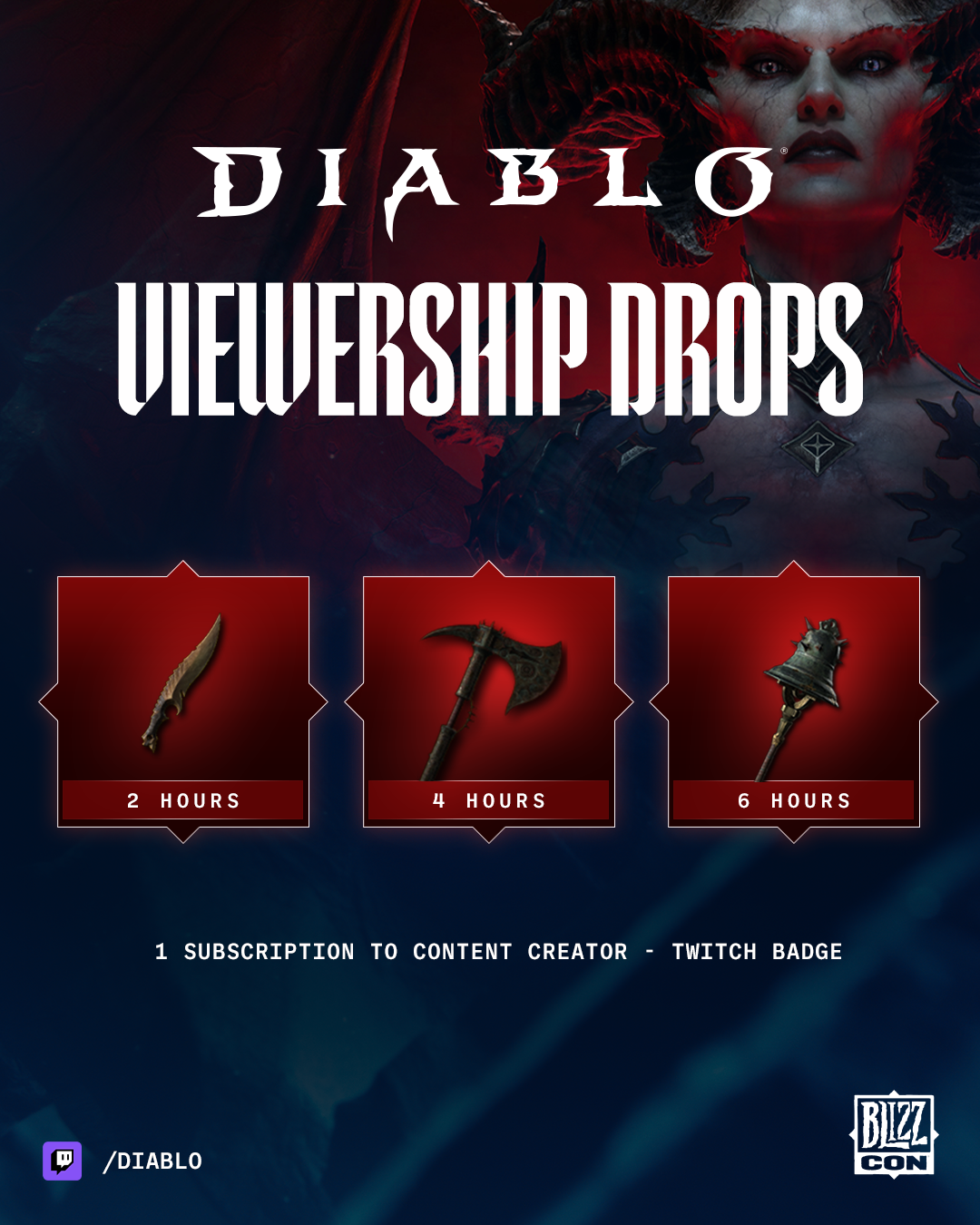 Recompensas para los espectadores de Diablo IV: La daga Skean Dentado a las dos horas, el hacha Cuchilla Corroída a las cuatro horas y la maza Campanada a las seis horas.