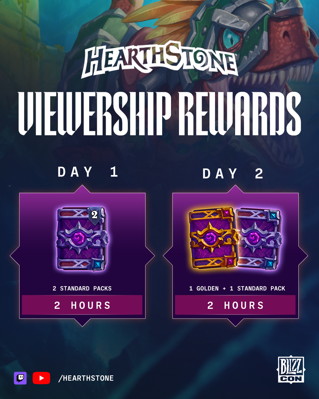 Hearthstone viewership rewards: two Standard card packs for two hours watched on day one, and one Standard plus one Golden pack for two hours watched on day two.