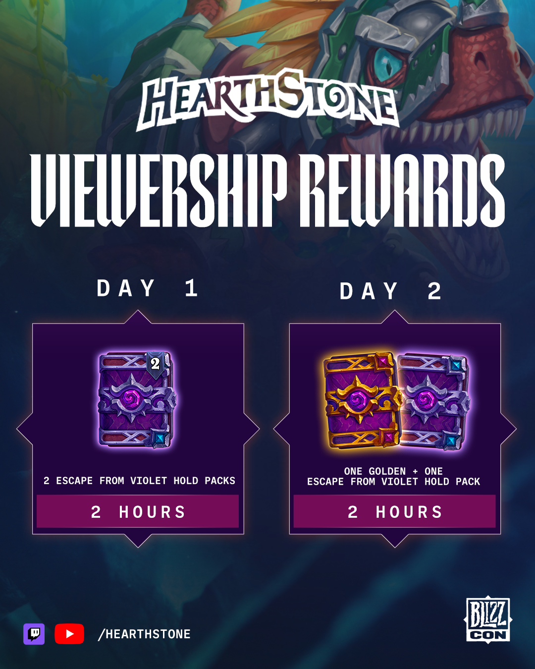 Hearthstone viewership rewards: two Standard card packs for two hours watched on day one, and one Standard plus one Golden pack for two hours watched on day two.