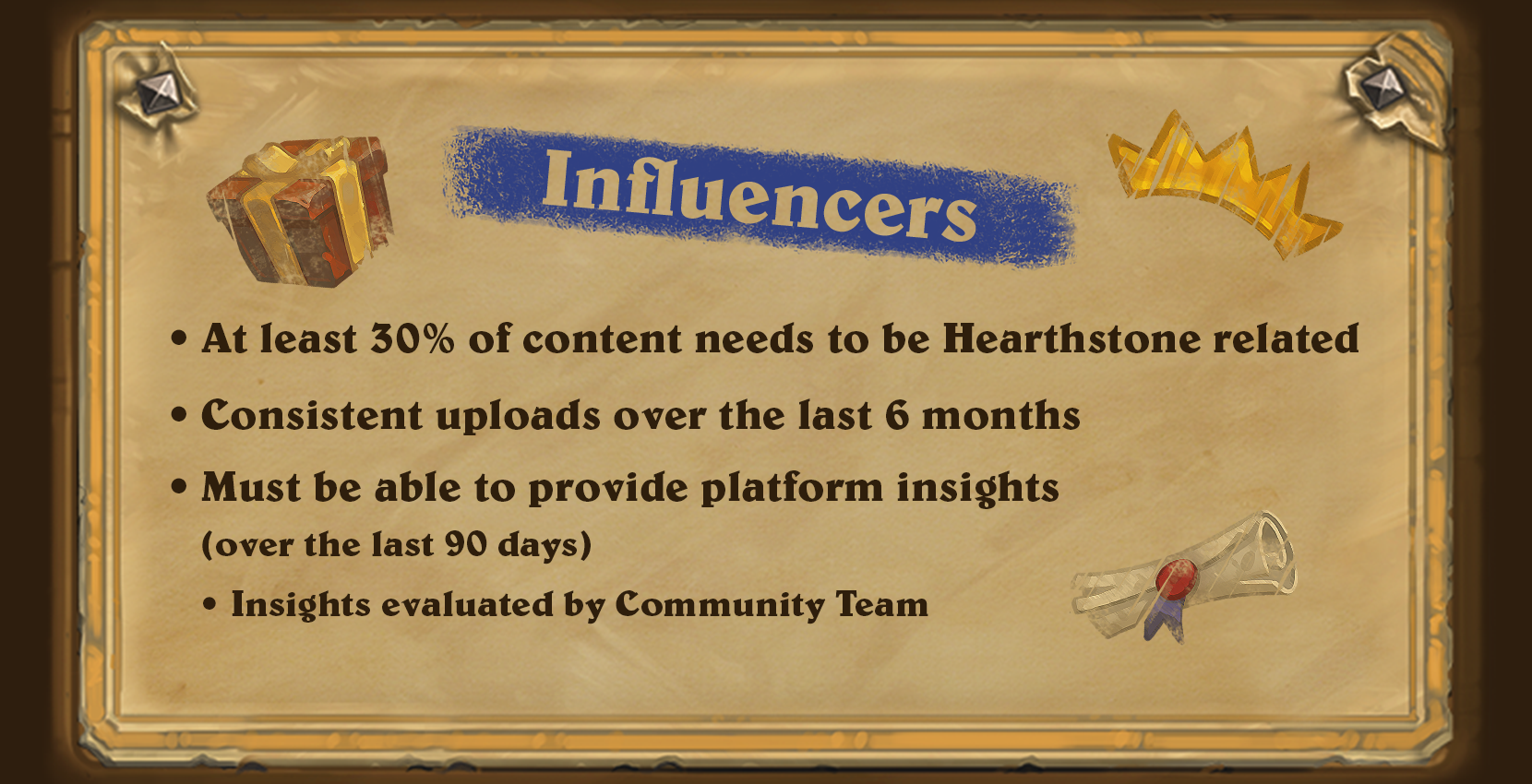 At least 30% of content needs to be Hearthstone related. Consistent uploads over the last 6 months (not Hearthstone related). Must be able to provide platform insights (over the last 90 days).